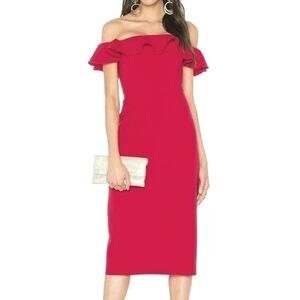 Jay Godfrey Off Shoulder Ruffle Red Midi Sheath Dress Size 4 Cocktail Formal